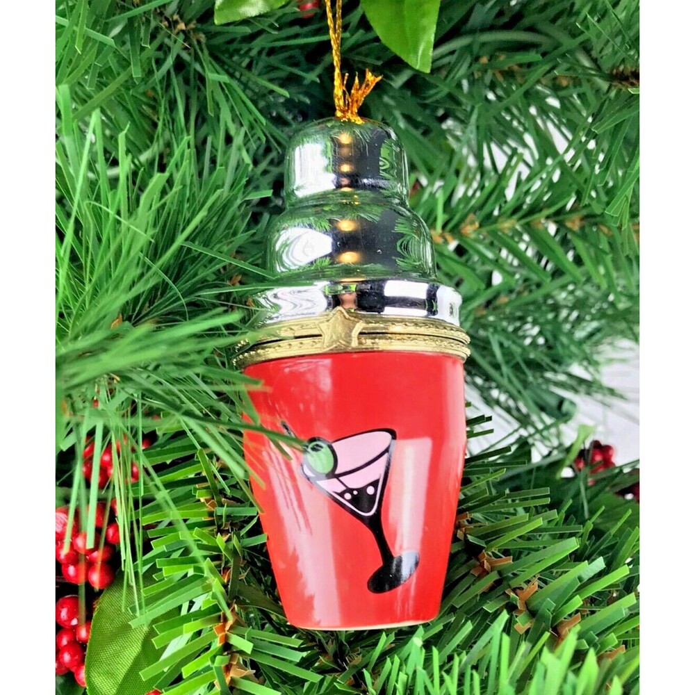 Martini Cocktail Shaker Porcelain Hinge Surprise Gift Trinket Christmas Ornament